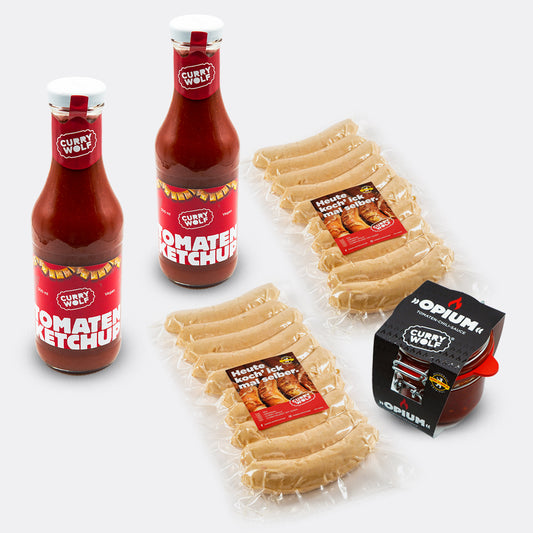 20 Stück Original Berliner Currywurst mit Darm mit 2 x CURRY WOLF Tomaten Ketchup und 1 Glas „OPIUM“