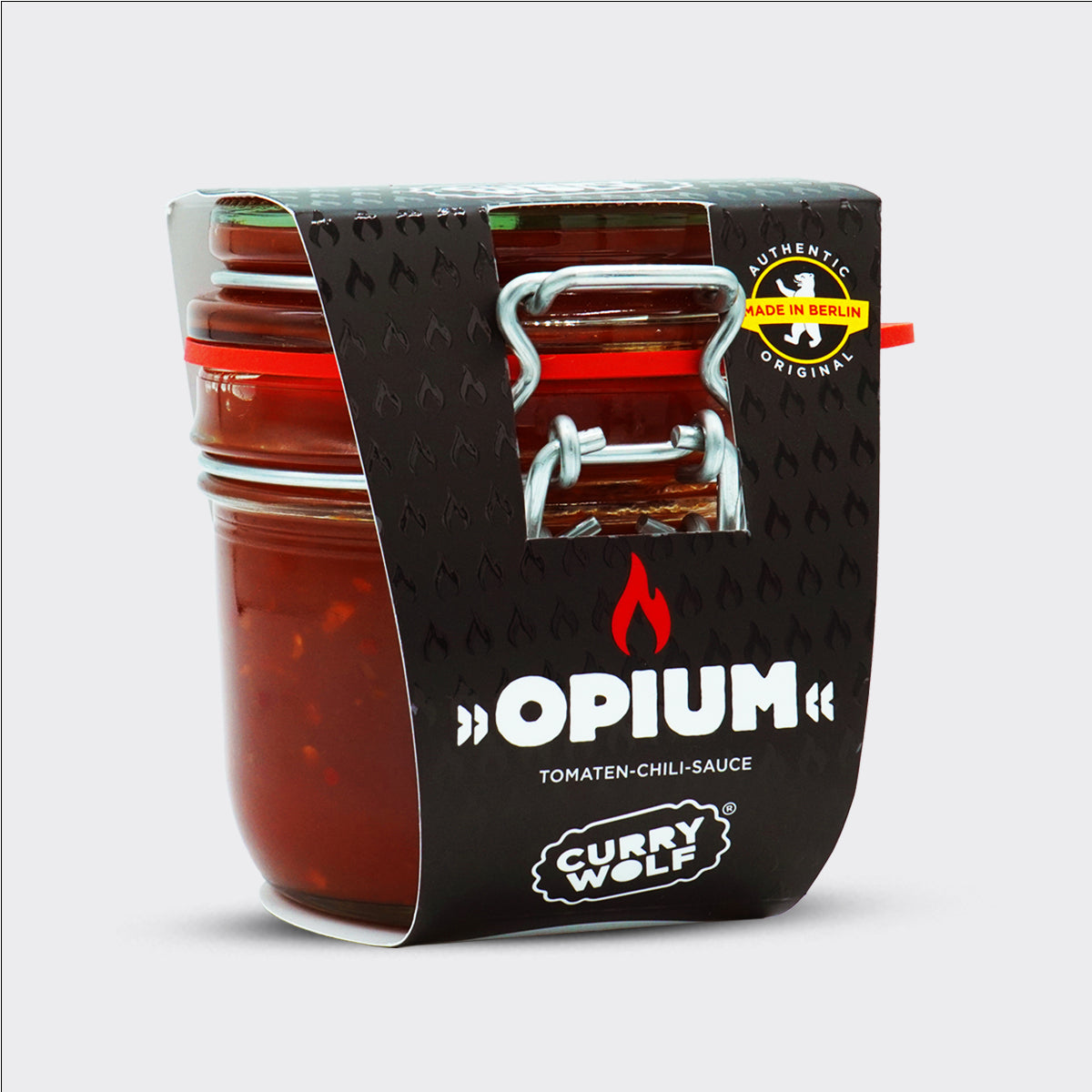 10 Stück Original Berliner Currywurst mit Darm mit 1 x CURRY WOLF Tomaten Ketchup und 1 Glas „OPIUM“